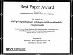 Best Paper Award at the SPIE Photonics West Optoelectronics ‘98 Symposium given to Patrick Kung