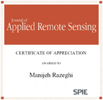 Certificate of Appreciation, Journal of Applied Remote Sensing given to Manijeh Razeghi