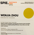 SPIE Photonics West 2016 Best Paper Award given to Wenjia Zhao